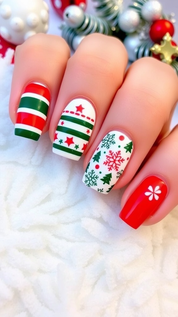 Christmas themed nail art with festive designs including snowflakes and Christmas trees.